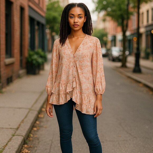 1 State Long Sleeve Floral Print Front Tie Kimono Top- size 10 - Picture 2 of 8